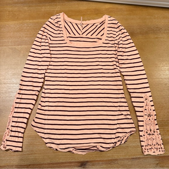 Free People Tops - Free People Hard Candy Henley Crochet Cuff Pink‎ Peach Maroon Stripes Sz M
